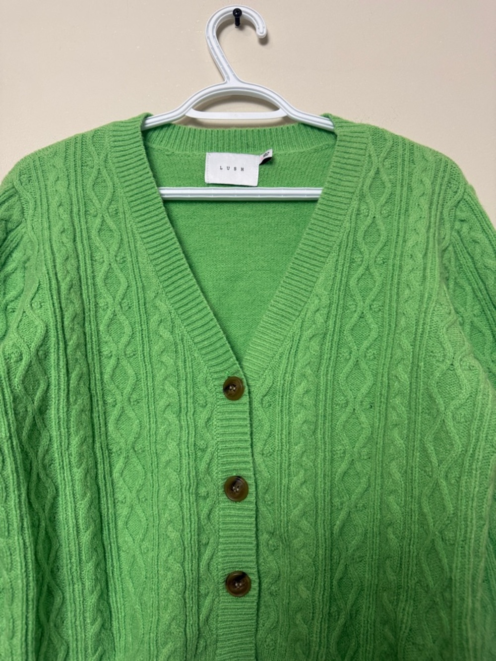 Lush Celery Green Cable Knit Cardigan L V-Neck Button Front Cropped Cozy Sweater - Picture 3 of 7